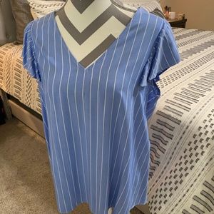 Old Navy Blue White Pinstripe Flutter Sleeve Blouse L Large